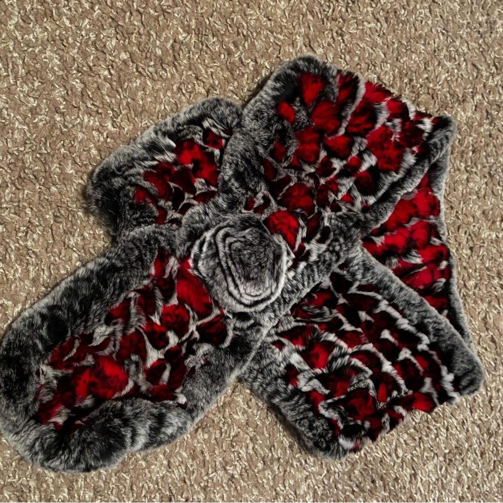 Elegant Red and Gray Fur Scarf